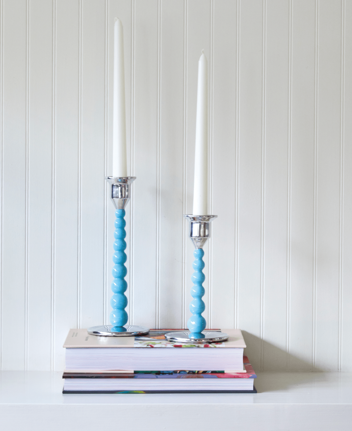 Aqua Pearled Small Candlestick Set