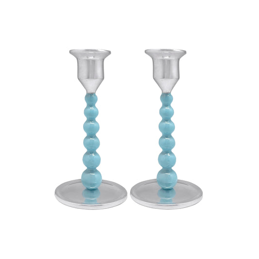 Aqua Pearled Small Candlestick Set