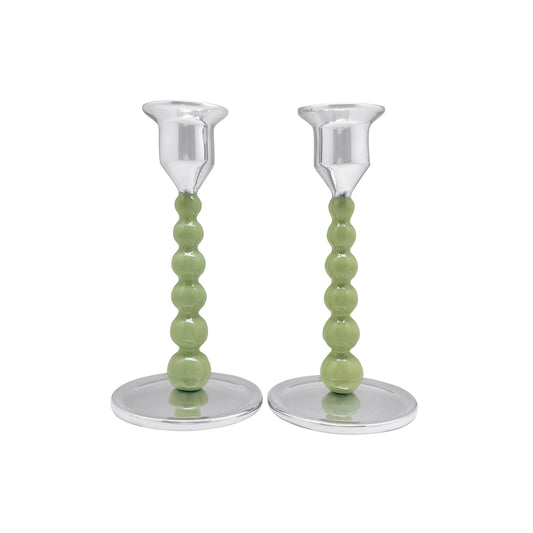Green Pearled Small Candlestick Set
