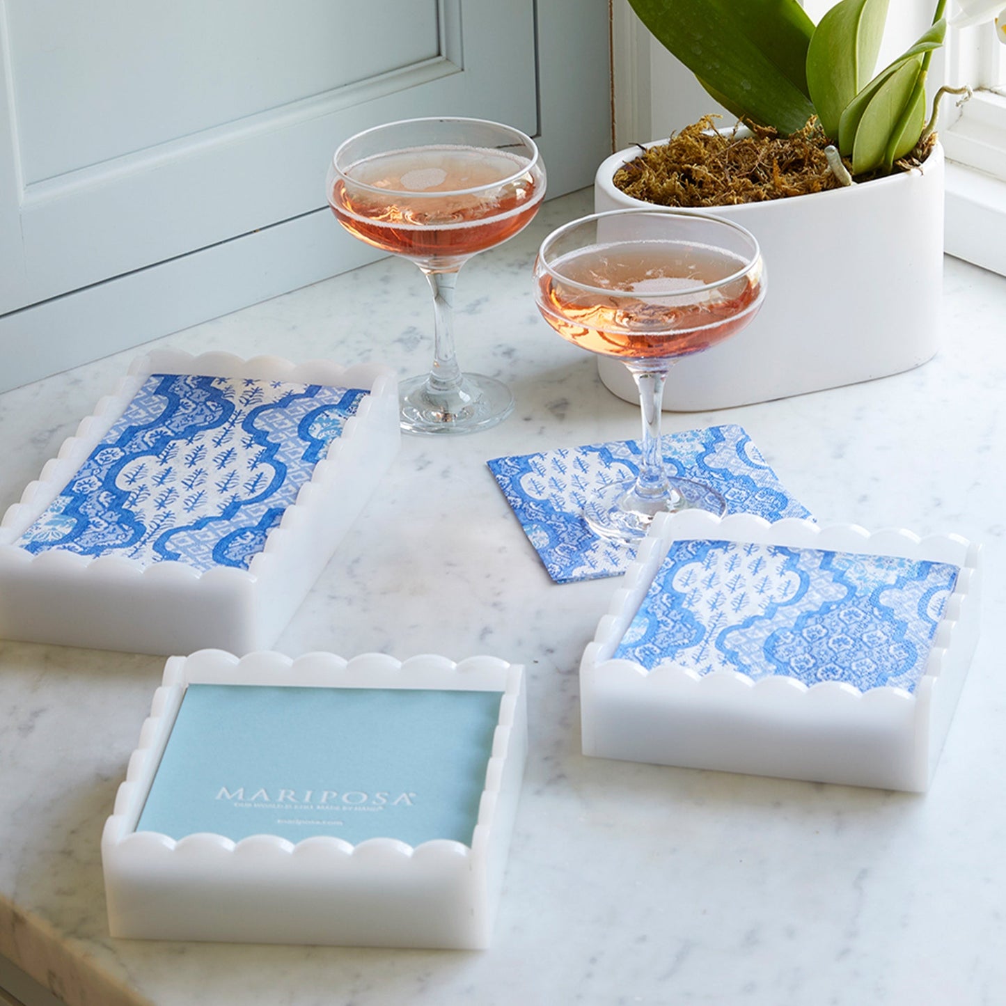 White Scalloped Cocktail Napkin Box with Insert