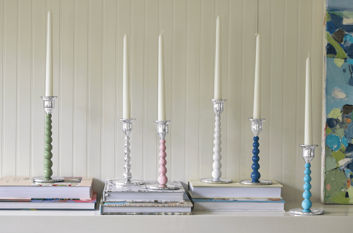 Aqua Pearled Small Candlestick Set